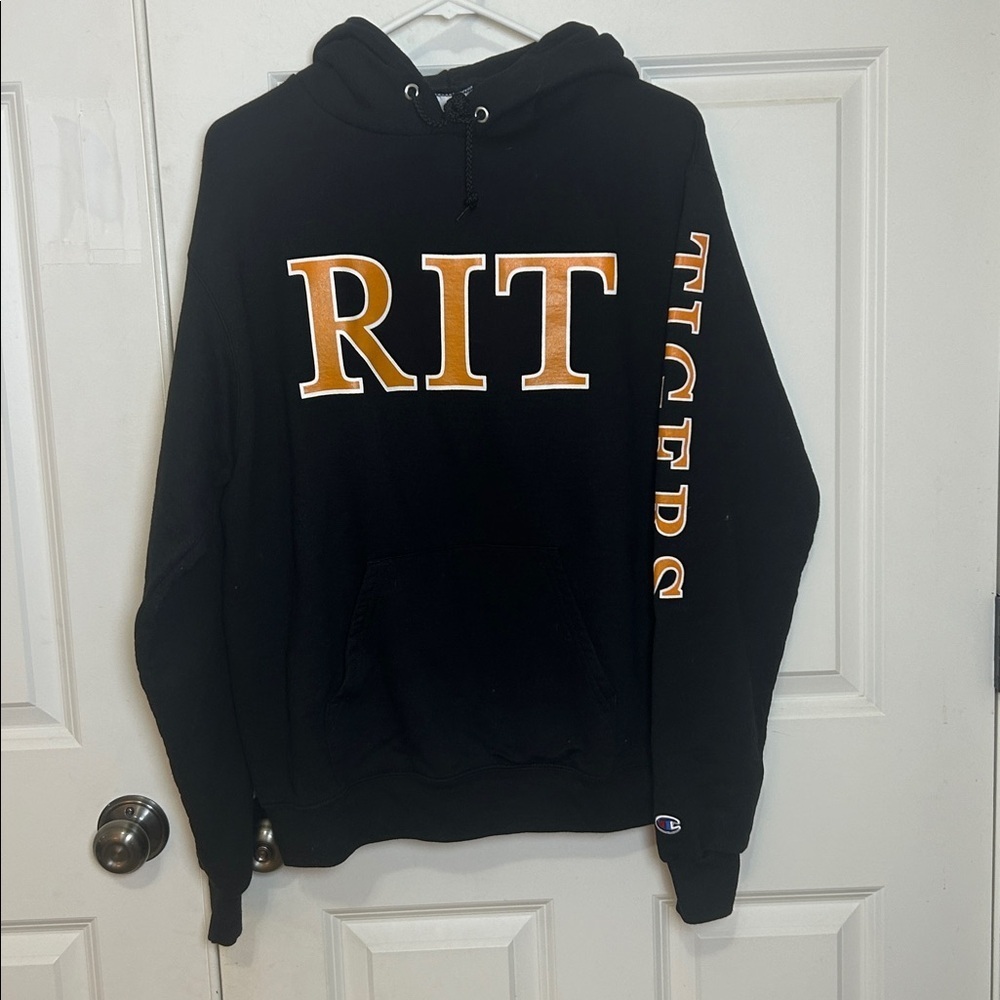 RIT Black Hoodie Sweatshirt with Orange Lettering